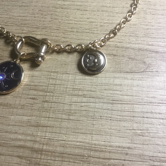 Gold and Blue Rhinestone Star Crescent Toggle Moon Pendant Necklace Bracelet Set - Picture 7 of 10